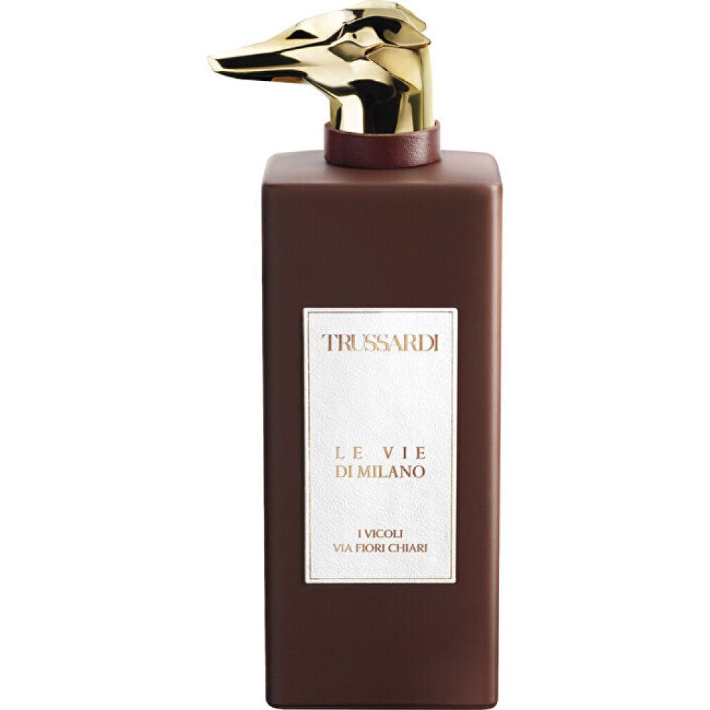 Flacone Trussardi Le Vie Di Milano Eau de Parfum. Bottiglia marrone con spruzzatore dorato ed etichetta bianca.