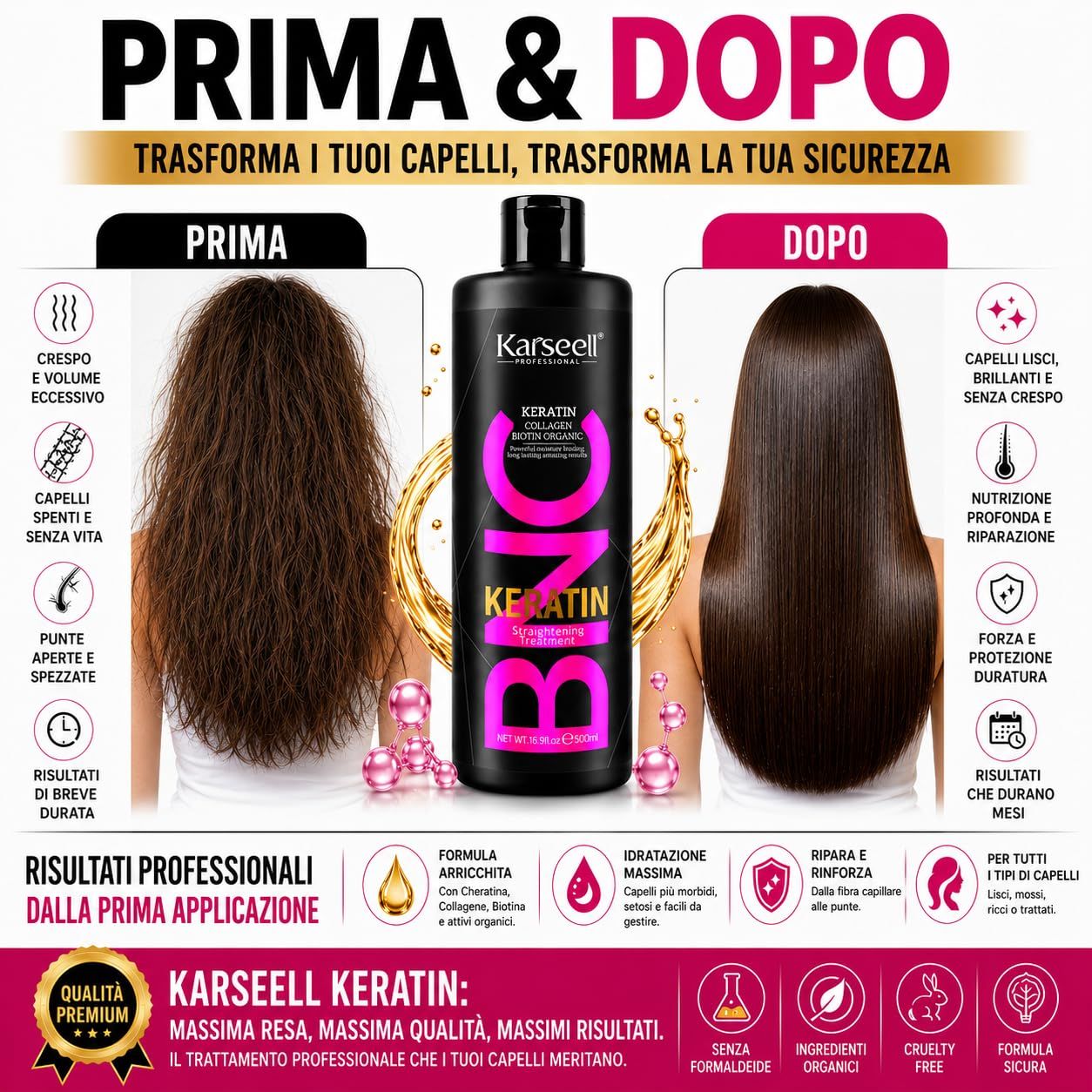 Confronto prima e dopo capelli trattati con Karaseell Cheratina. Mostra una bottiglia del prodotto.