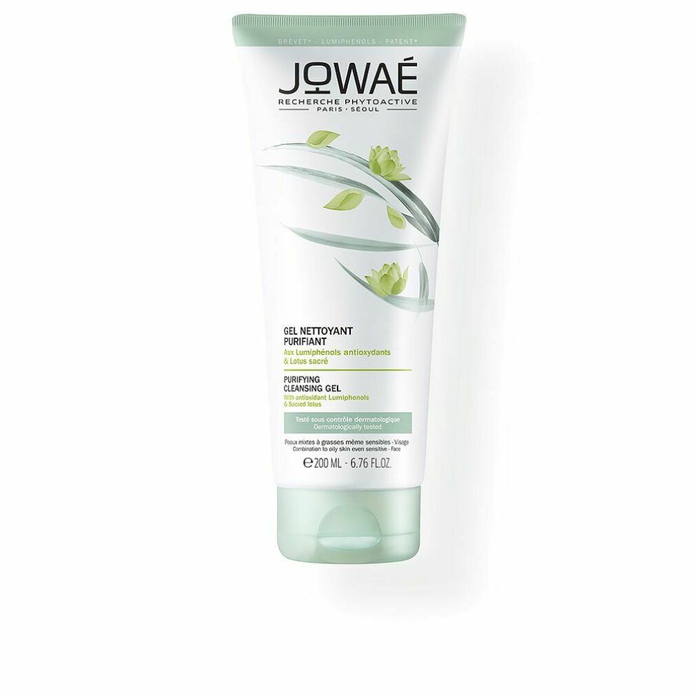 Tubo bianco e verde con logo JOWAE e nome del prodotto. Testo: Gel Nettoyant Purifiant, Purifying Cleansing Gel. 200ml.