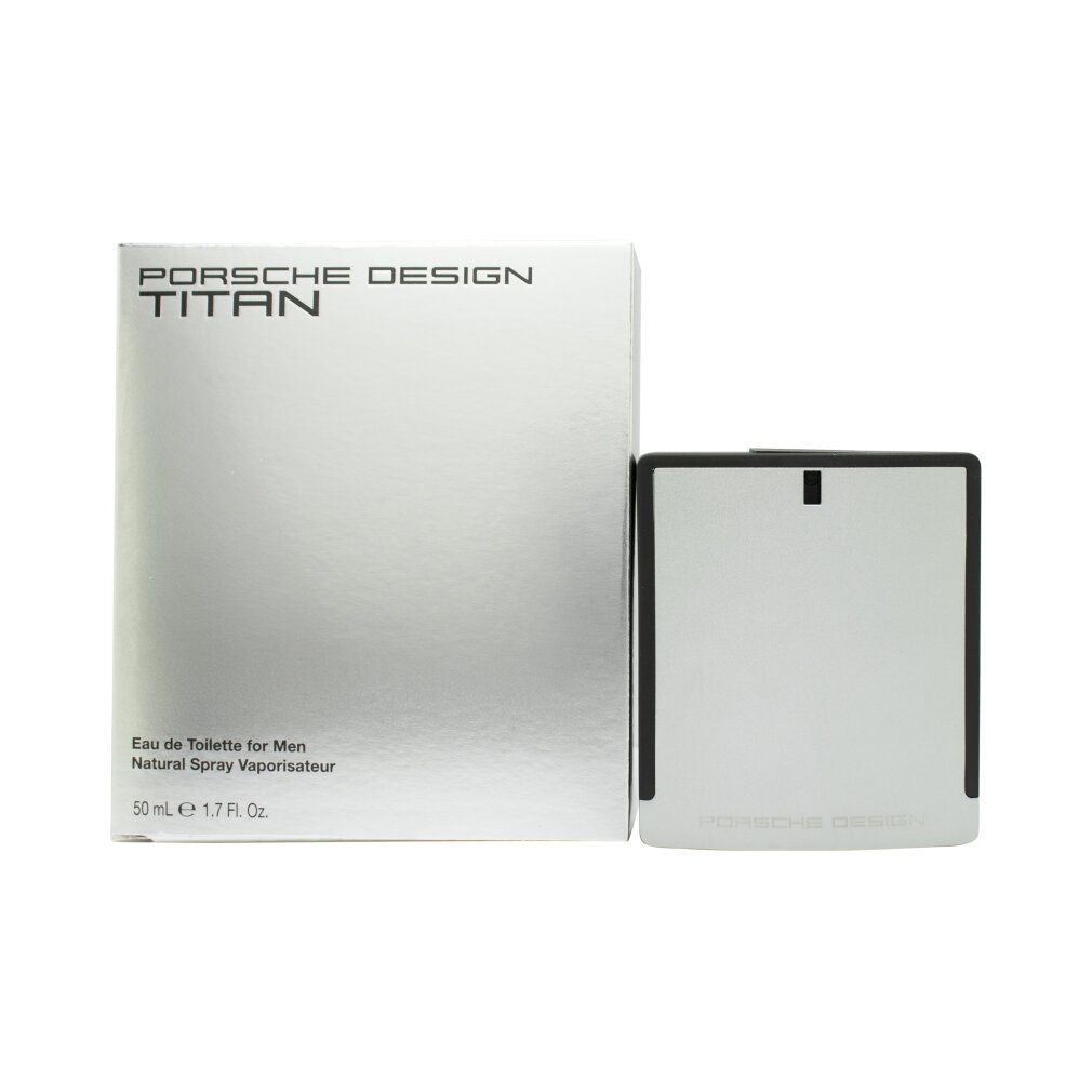 Eau de toilette e confezione. Flacone e scatola argentati. Dettagli neri. Scritta: Porsche Design Titan.