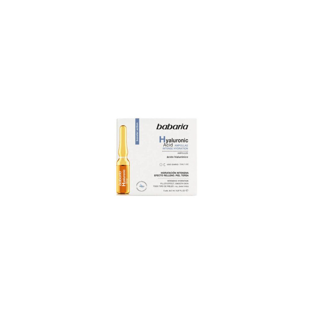 Confezione di Babaria Ampolle Acido Ialuronico. Scritta: Hyaluronic Acid, Intense Hydration. 5 ampolle.