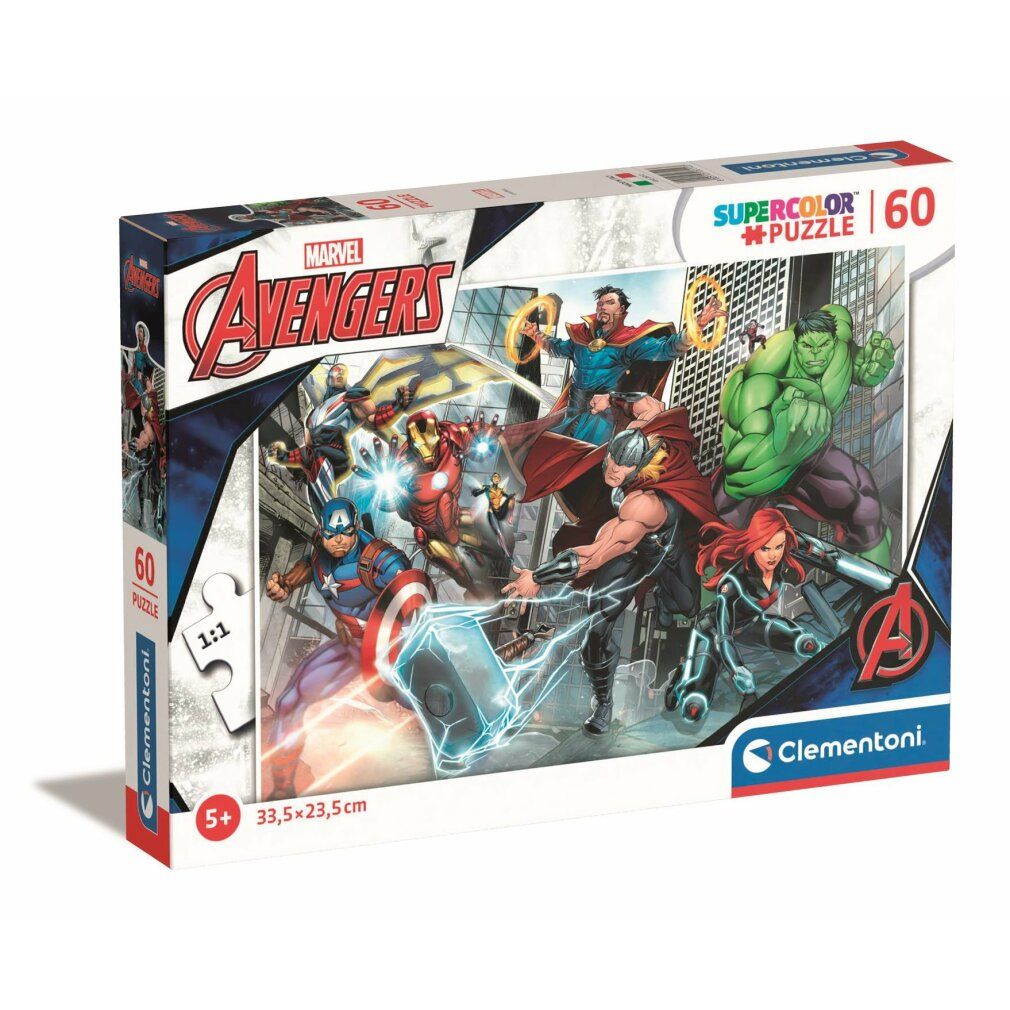 Puzzle Clementoni Avengers, 60 pezzi. Confezione con personaggi Avengers. Contiene 60 pezzi. Per bambini dai 5 anni in su. Dimensioni: 33,5 x 23,5 cm.
