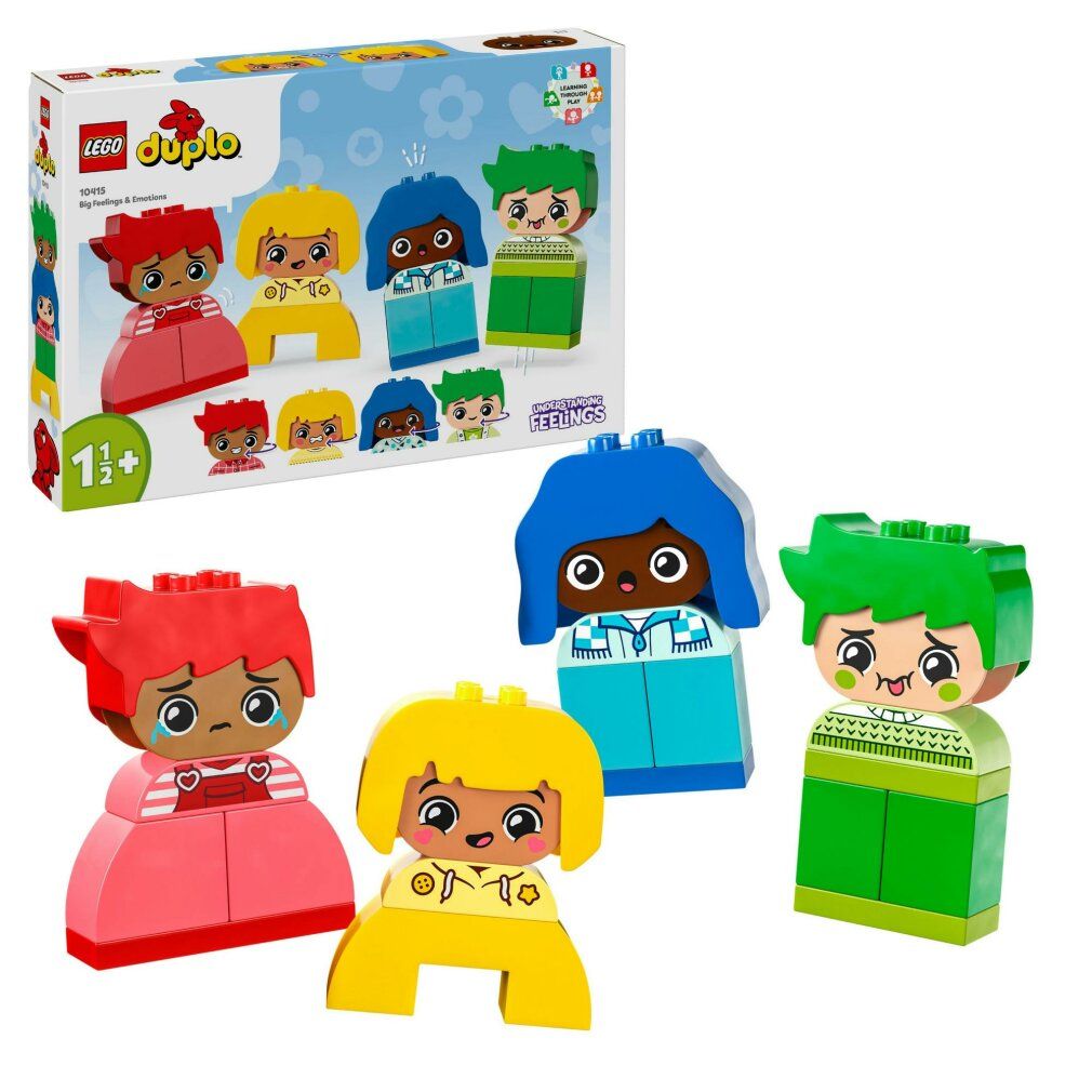 Set LEGO DUPLO. Personaggi rossi, gialli, blu e verdi. Espressioni facciali. Confezione con nome del prodotto e età consigliata.
