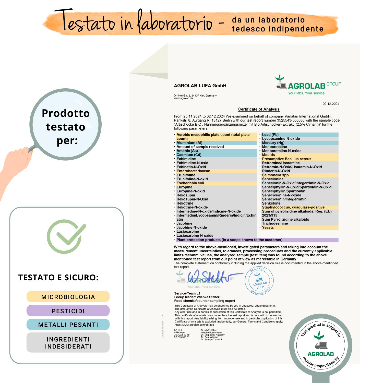 Rapporto di laboratorio. Testato e sicuro: microbiologia, pesticidi, metalli pesanti, ingredienti indesiderati. Certificazione.
