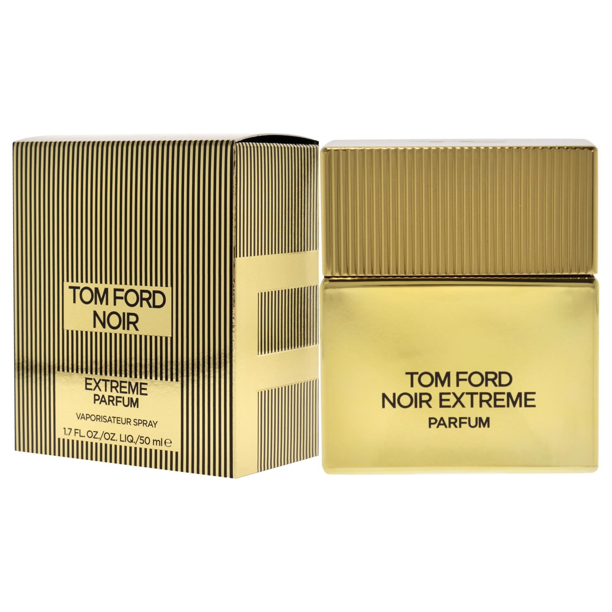 Flacone di profumo e confezione. Flacone dorato con tappo dorato. Scritta nera. Confezione a strisce verticali.