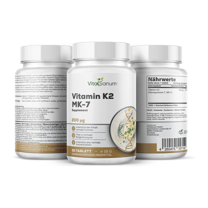 Flacone integratore VitaSanum Vitamina K2 MK-7 con 90 compresse, 200 µg per compressa. Contiene informazioni nutrizionali e sul prodotto.