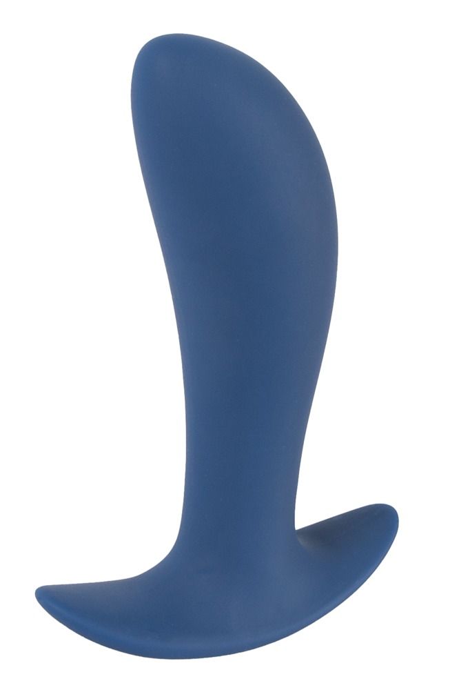 Plug anale blu scuro, visto di lato. Forma curva, base larga.