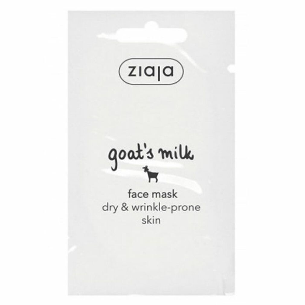 Maschera viso Ziaja in confezione singola bianca. Scritta: goat's milk, face mask, dry & wrinkle-prone skin. Marchio Ziaja.