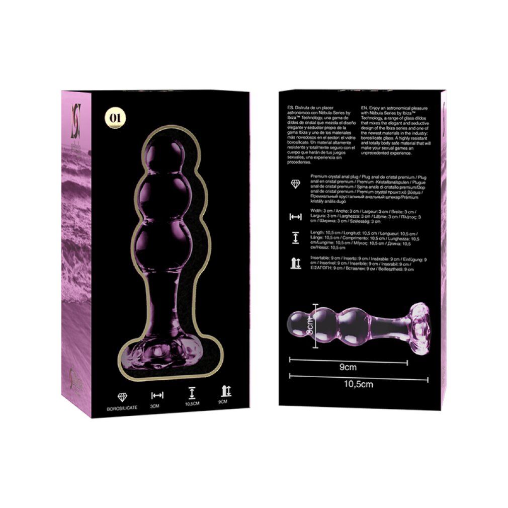 Confezione con viste di un plug anale in vetro rosa. Dimensioni e simboli visibili.