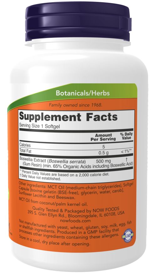 Retro del contenitore di integratore. Etichetta arancione con informazioni nutrizionali e ingredienti. Testo: Boswellia Extract 500 mg.