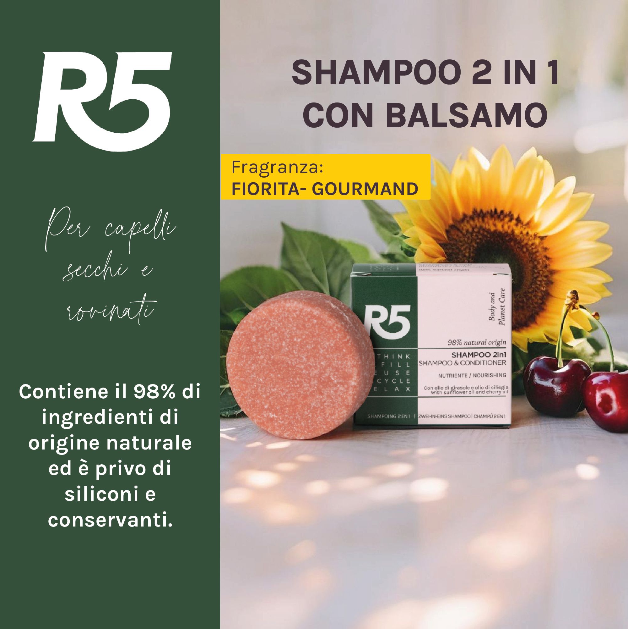 R5 Shampoo 2in1 con balsamo, profumato. Contiene 98% ingredienti naturali, senza siliconi e conservanti.