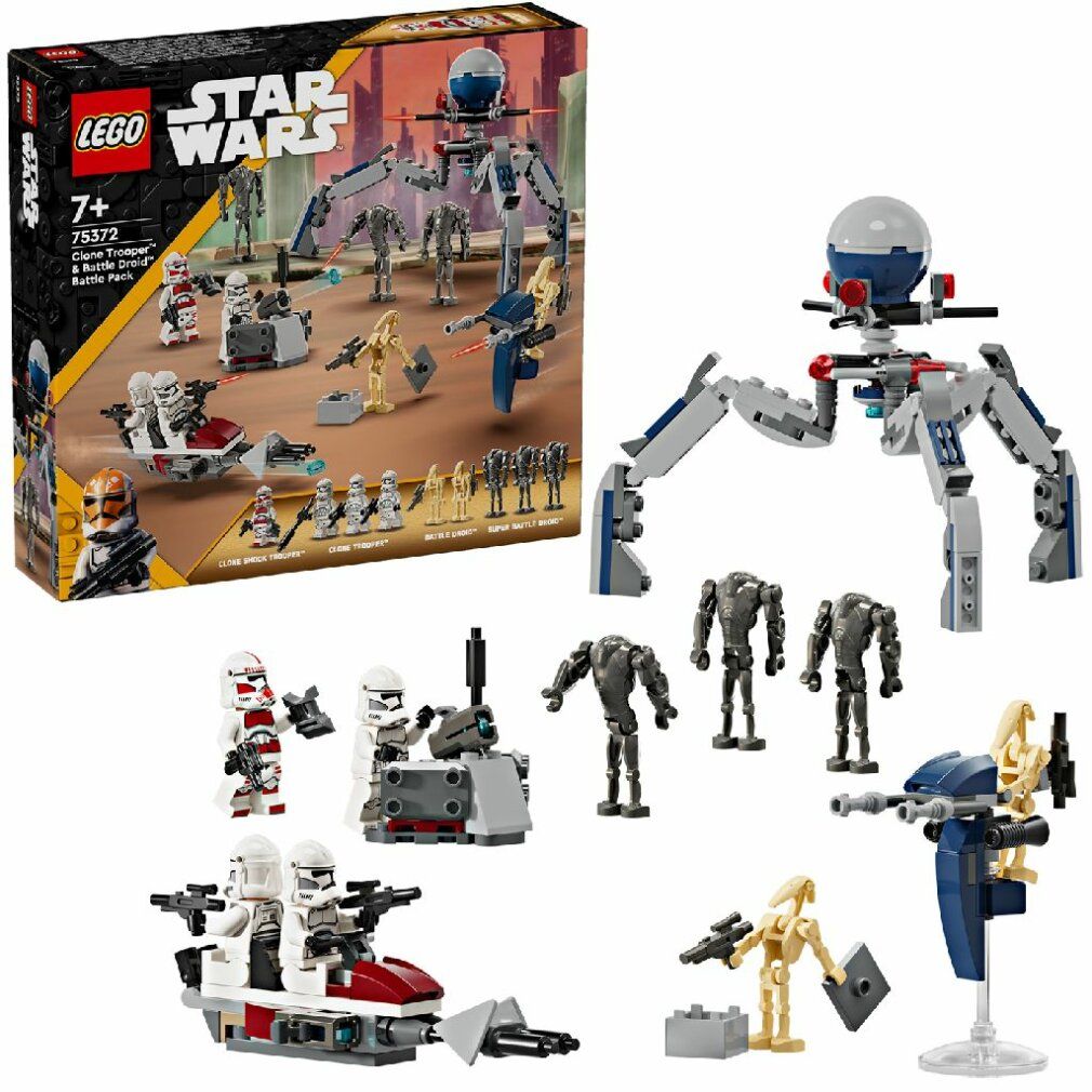 Set LEGO Star Wars. Personaggi, speeder e droidi da battaglia. Confezione con logo e nome del prodotto.
