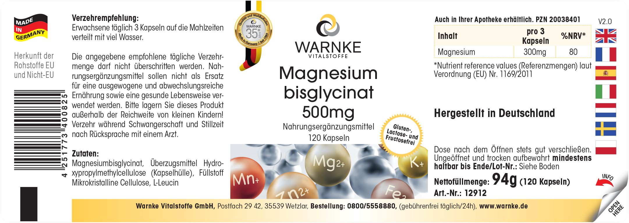 Etichetta con testo: Warnke Vitalstoffe, Magnesium bisglycinat 500mg, 120 capsule. Prodotto in Germania. Peso: 94g.
