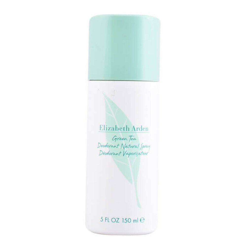Spray deodorante con tappo verde. Scritta: Elizabeth Arden Green Tea. Logo foglia. 5 FL.OZ. 150 ml.