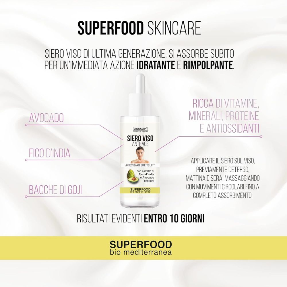 Flacone di siero viso. Scritta: Siero Viso Anti-Age. Con estratto di avocado e fico d'India. Superfood. Testo sull'uso.