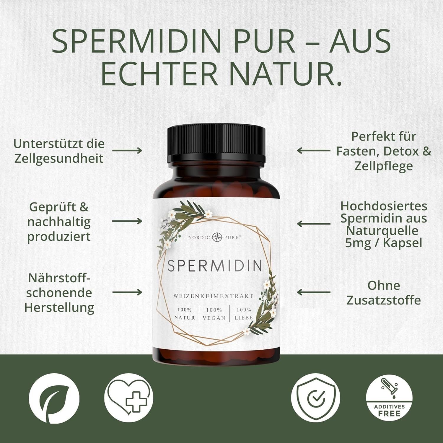 Flacone di capsule. Testo: Spermidina pura - dalla vera natura. Testo sulla salute cellulare, digiuno, detox.