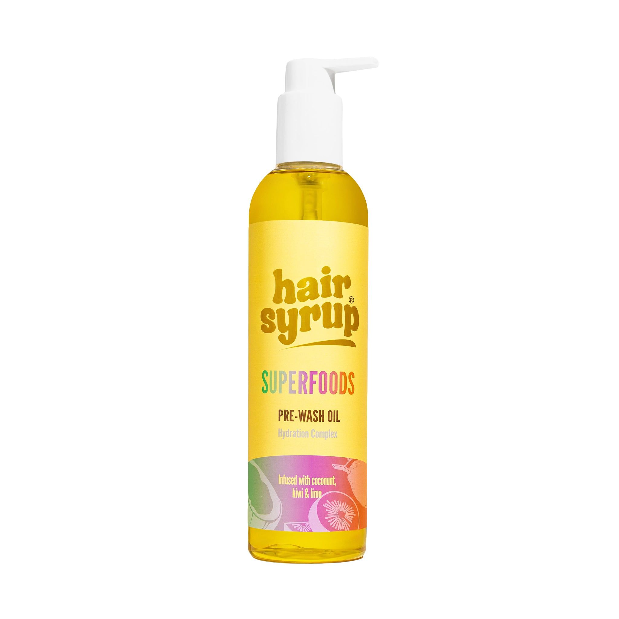 Flacone giallo con dosatore. Scritta: Hair Syrup Superfoods Pre-Wash Oil. Con cocco, kiwi e lime.