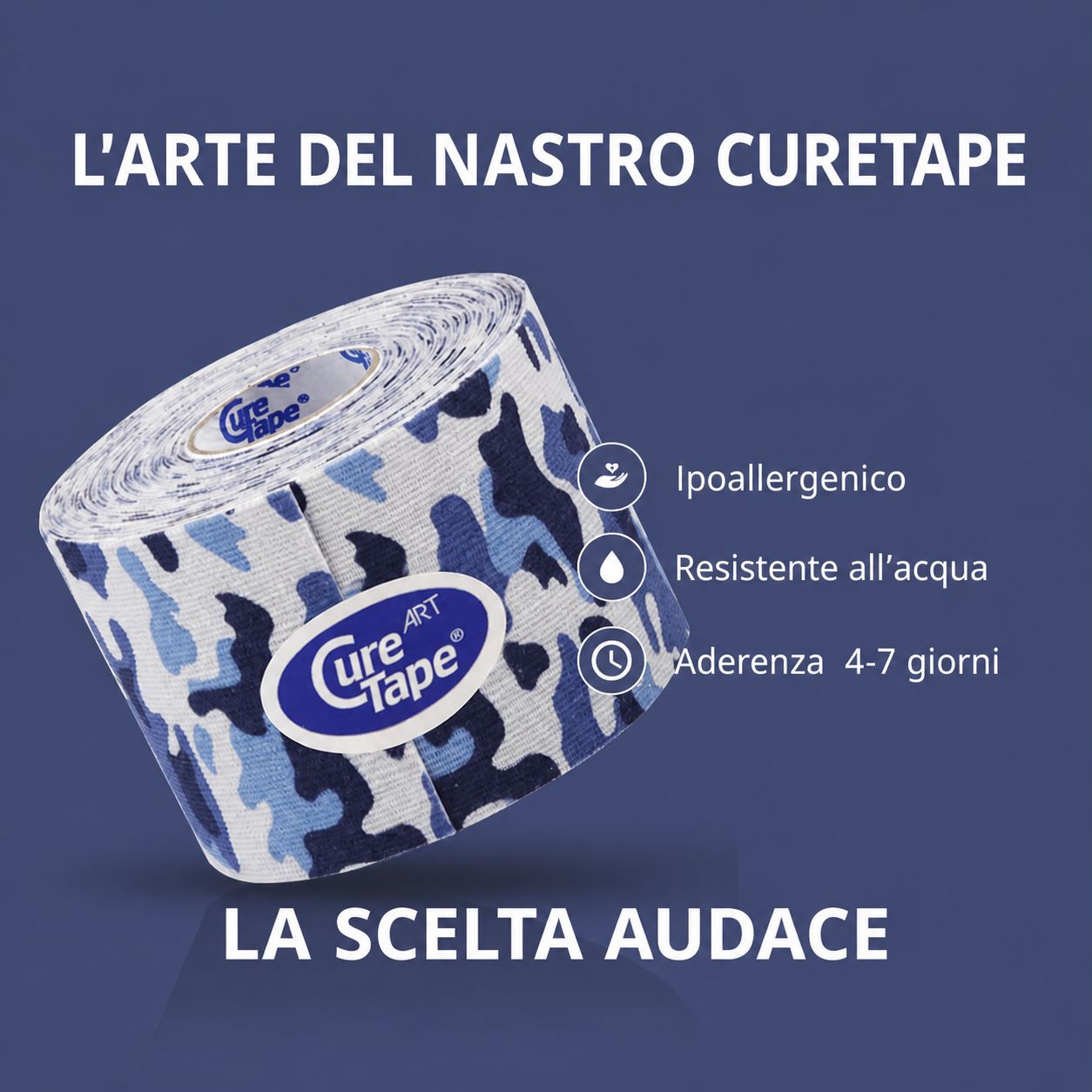 Rotolo di kinesio tape mimetico blu. Logo "CureTape Art" e caratteristiche prodotto visibili.