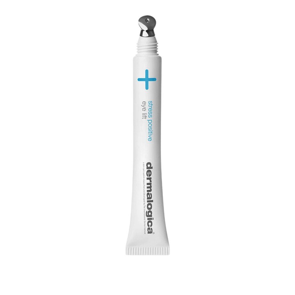 Tubo bianco con applicatore roll-on. Scritta: "stress positive eye lift" e "dermalogica".