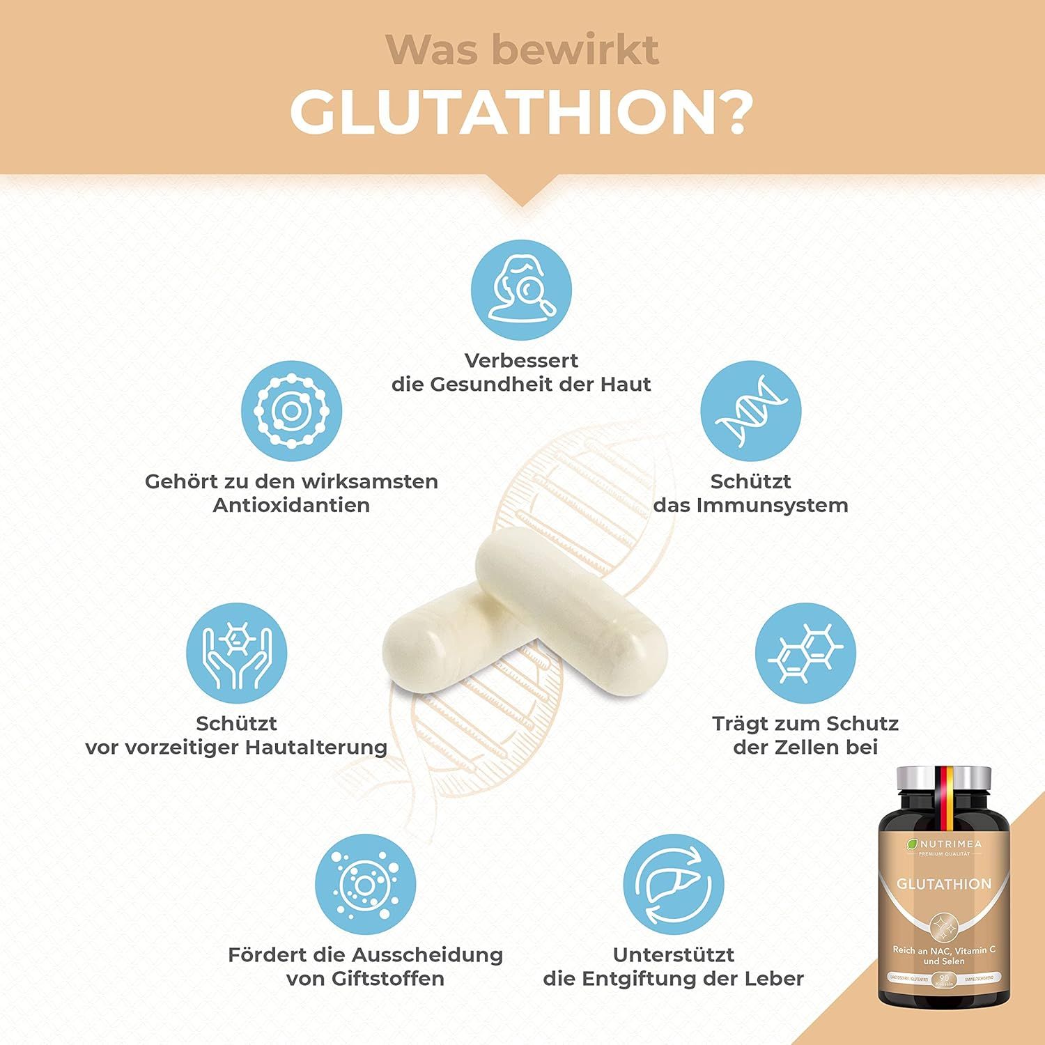 Infografica con capsule e icone. Mostra i benefici del glutatione: salute della pelle, sistema immunitario, protezione dall'invecchiamento.