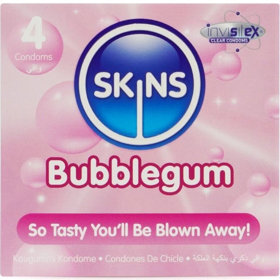 Confezione da 4 preservativi Skins Bubblegum, rosa con motivo a bolle.