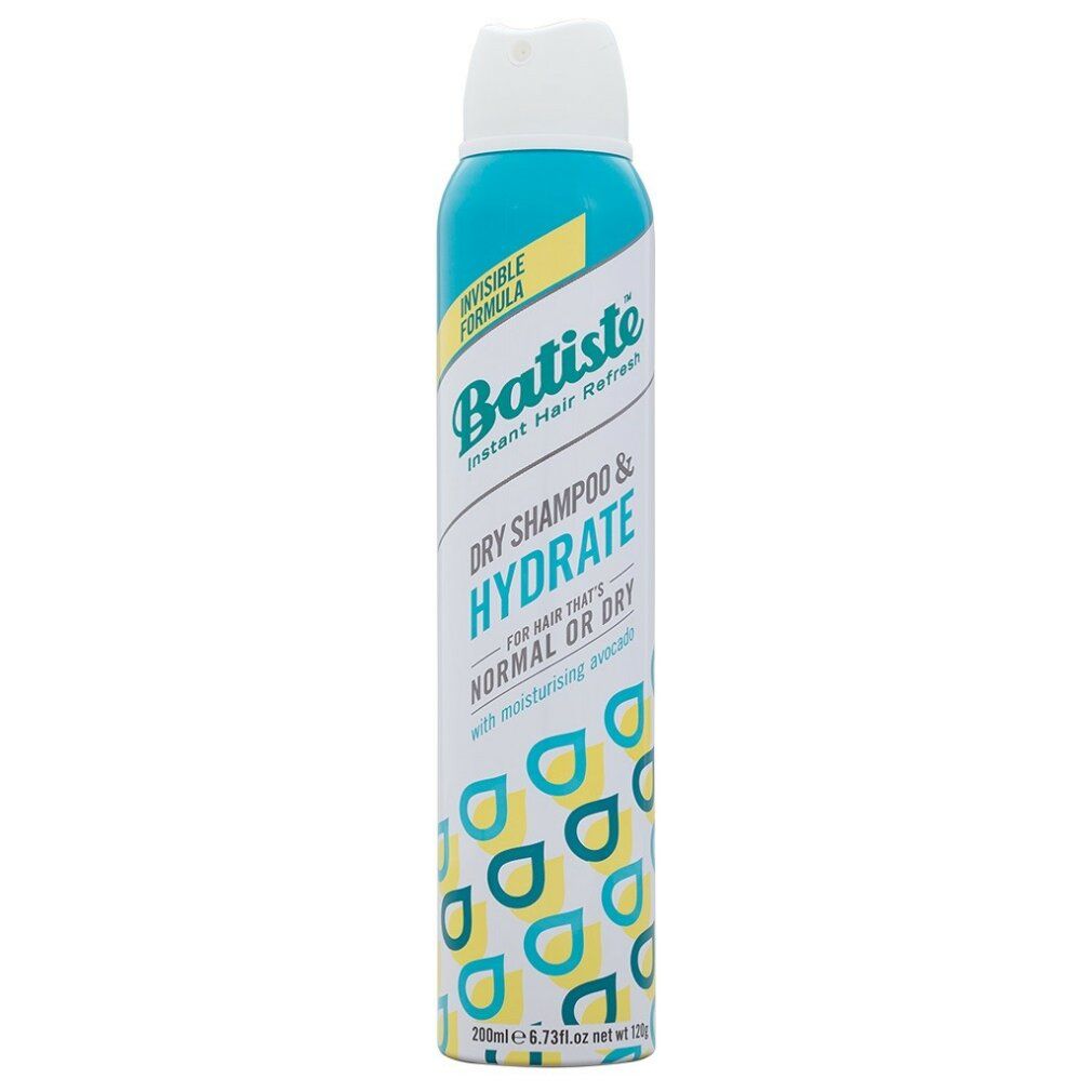 Batiste shampoo secco. Confezione cilindrica blu e gialla. Testo: Dry Shampoo & Hydrate. Per capelli normali o secchi.