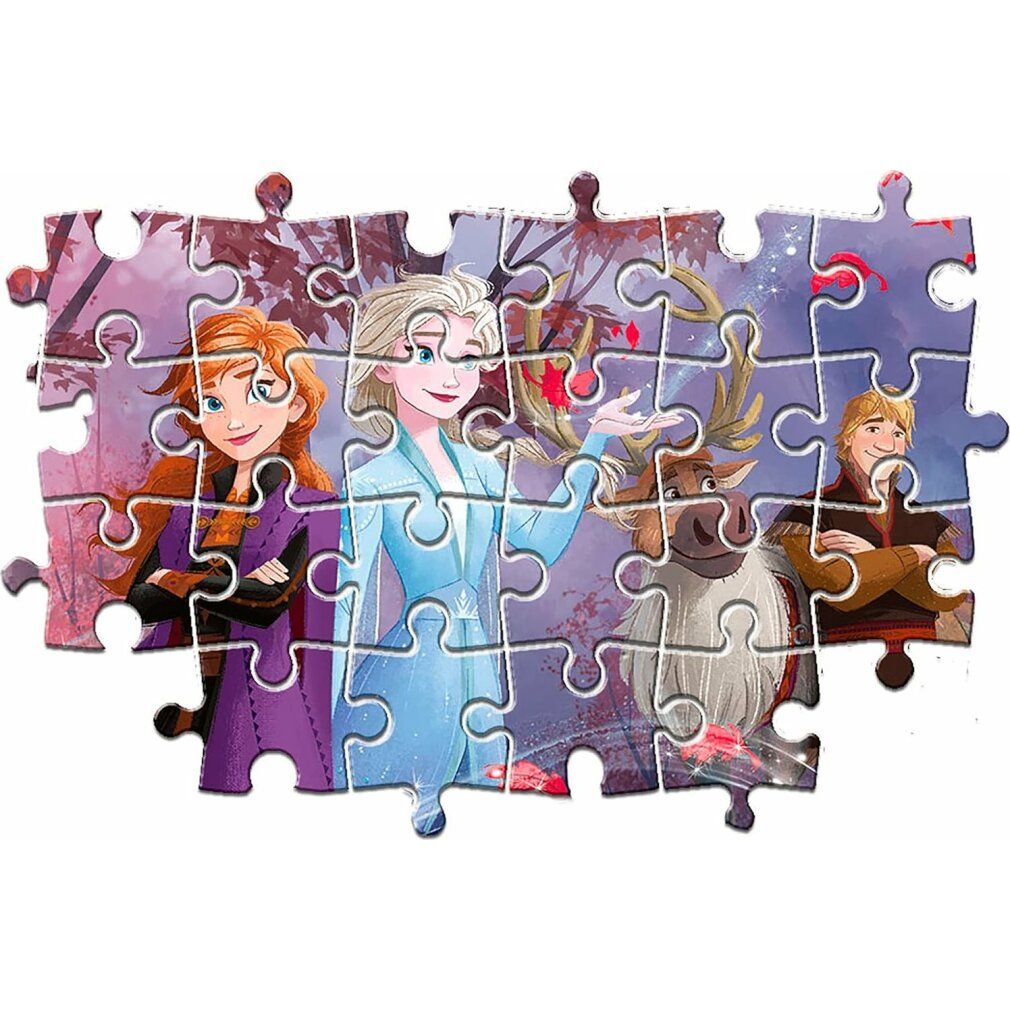 Puzzle Clementoni completato con motivo Frozen. Personaggi: Elsa, Anna, Olaf, Kristoff e Sven. Scena autunnale.