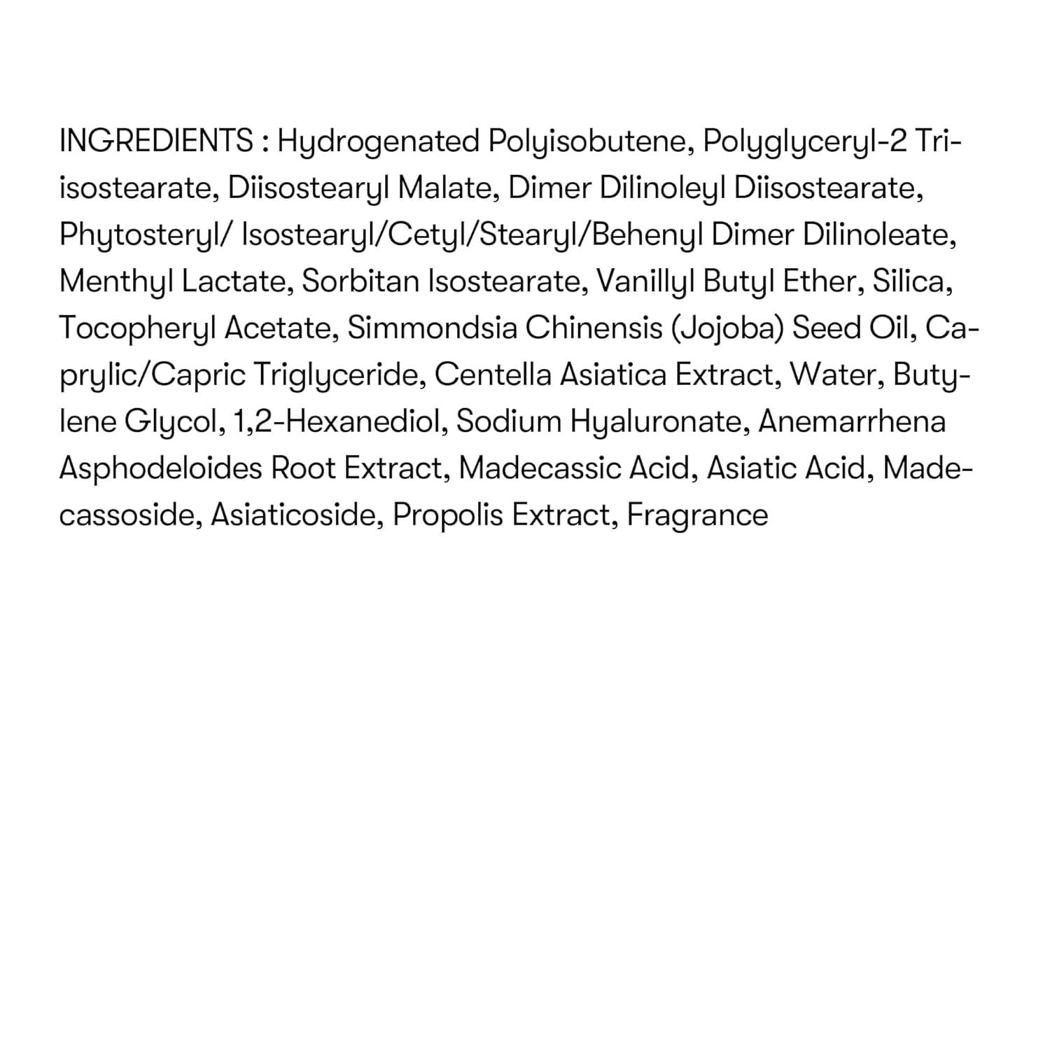 Elenco degli ingredienti del lip plumper. Testo: Hydrogenated Polyisobutene, etc.
