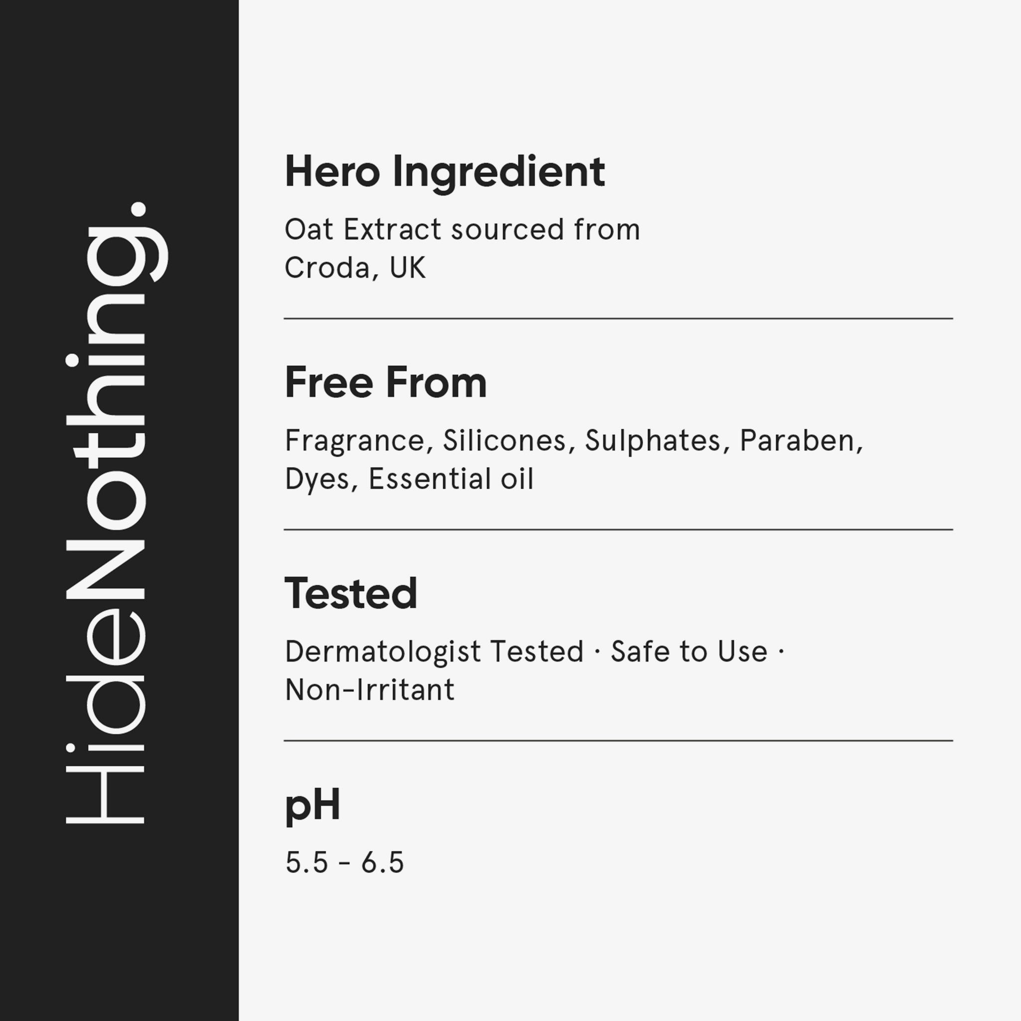 Grafico con testo. Titolo: Hero Ingredient. Elenco degli ingredienti e del pH. Marchio: HideNothing.