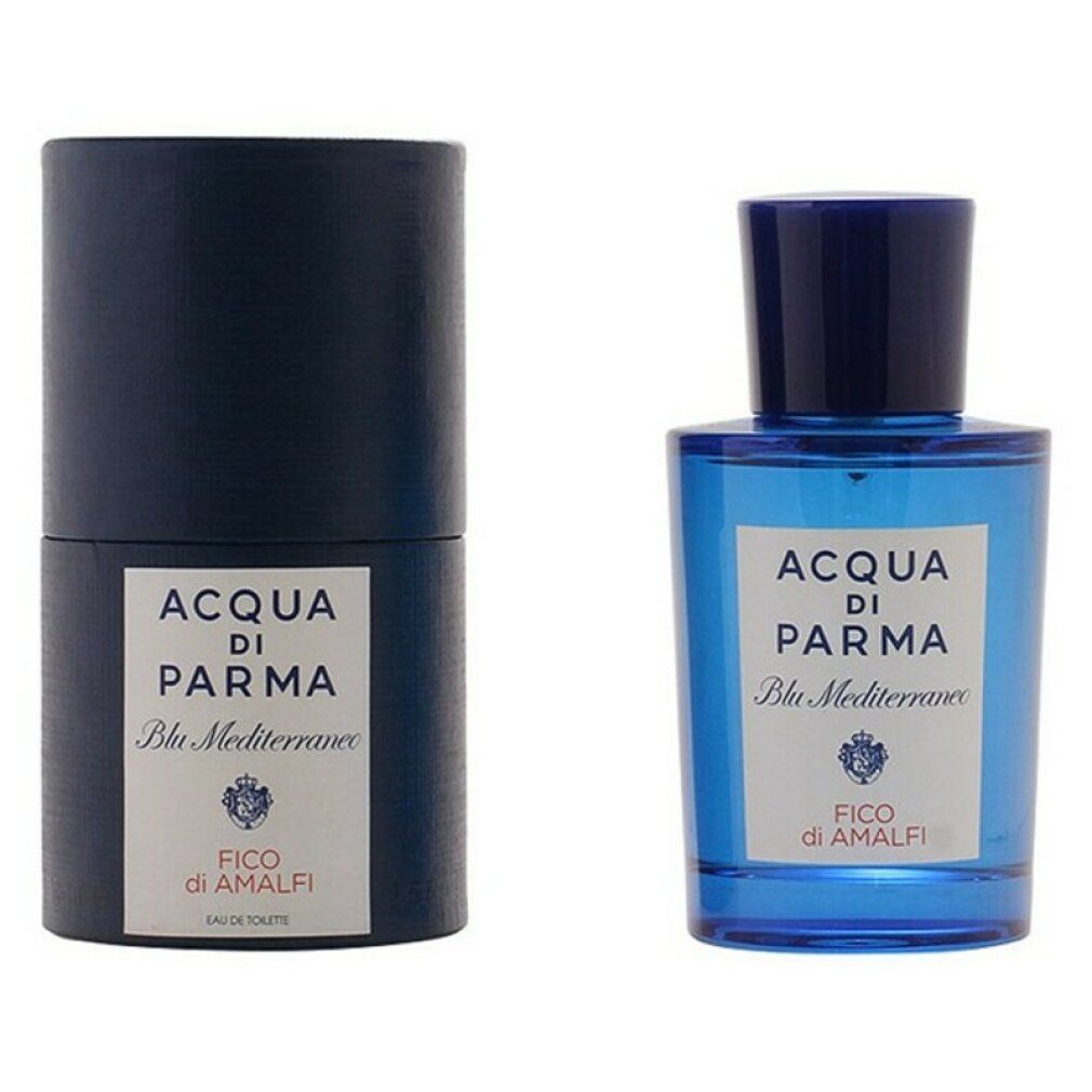 Flacone di profumo blu e confezione cilindrica. Scritta: Acqua Di Parma, Blu Mediterraneo, Fico Di Amalfi. Eau de Toilette.