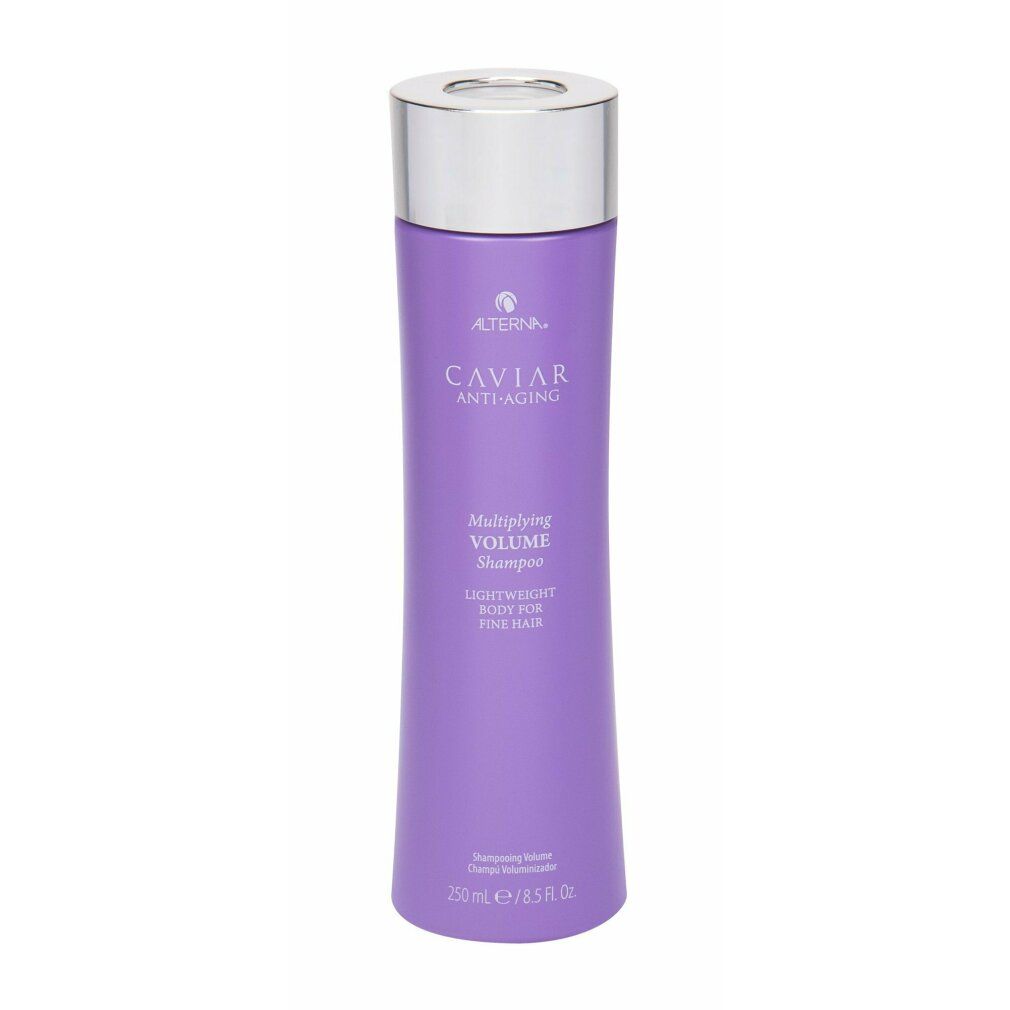 Flacone di shampoo viola con tappo argentato. Scritta: Alterna Caviar Anti-Aging Multiplying Volume Shampoo.