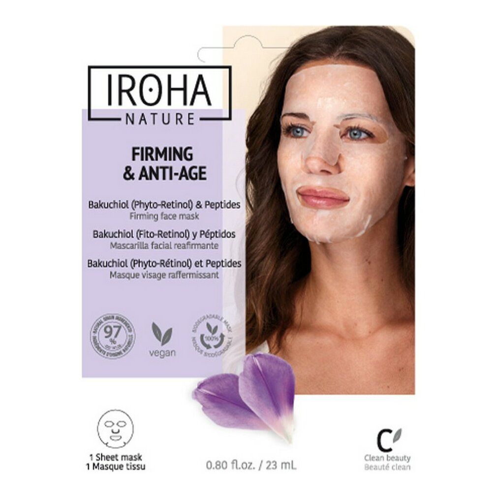 Maschera viso su donna. Confezione Iroha Nature, Firming & Anti-Age, Bakuchiol & Peptides. Sigillo vegano.