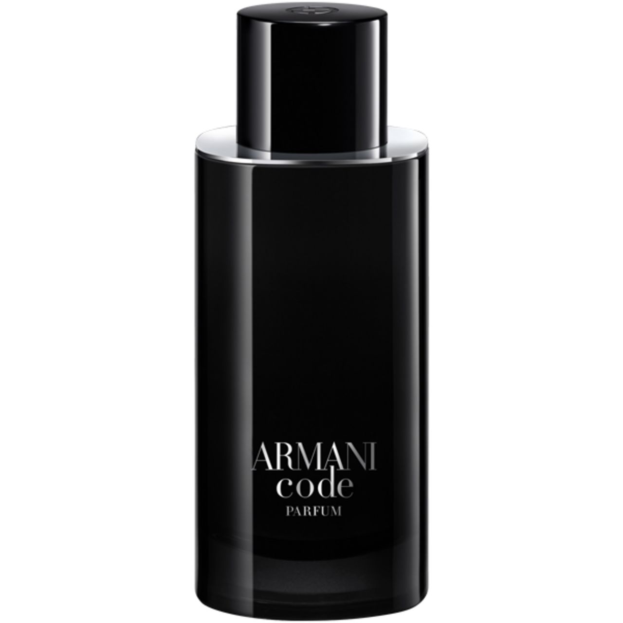 Flacone nero con tappo argentato. Scritta: Armani Code Parfum. Vista verticale.