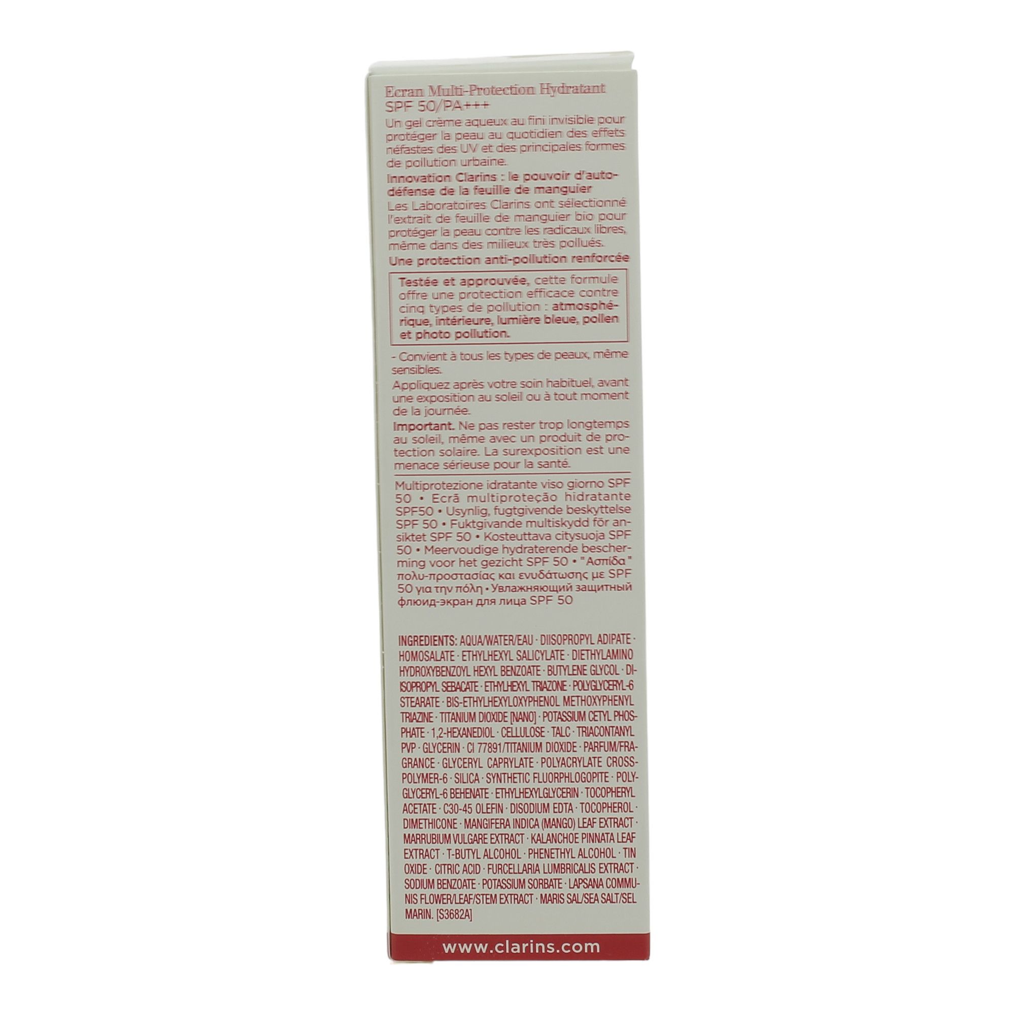 Retro confezione Clarins UV Plus SPF 50. Testo multilingue. Ingredienti e informazioni sul prodotto.