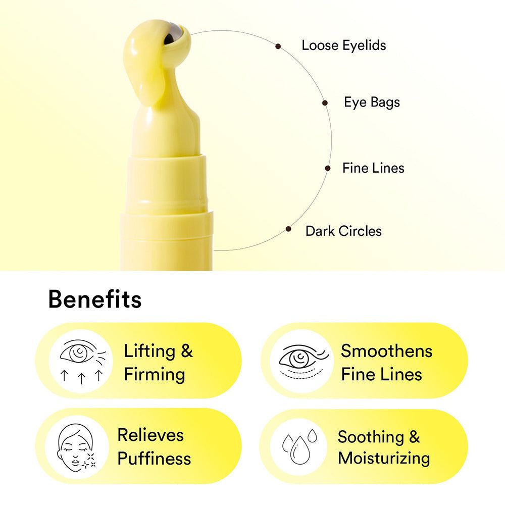 Applicatore giallo con punta a rullo per il contorno occhi. Etichette: Palpebre cadenti, Borse sotto gli occhi, Linee sottili, Occhiaie.