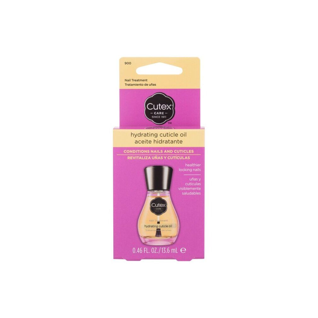 Olio Cutex per cuticole in confezione. Scatola rosa con nome e logo. Flacone con tappo dorato e olio.