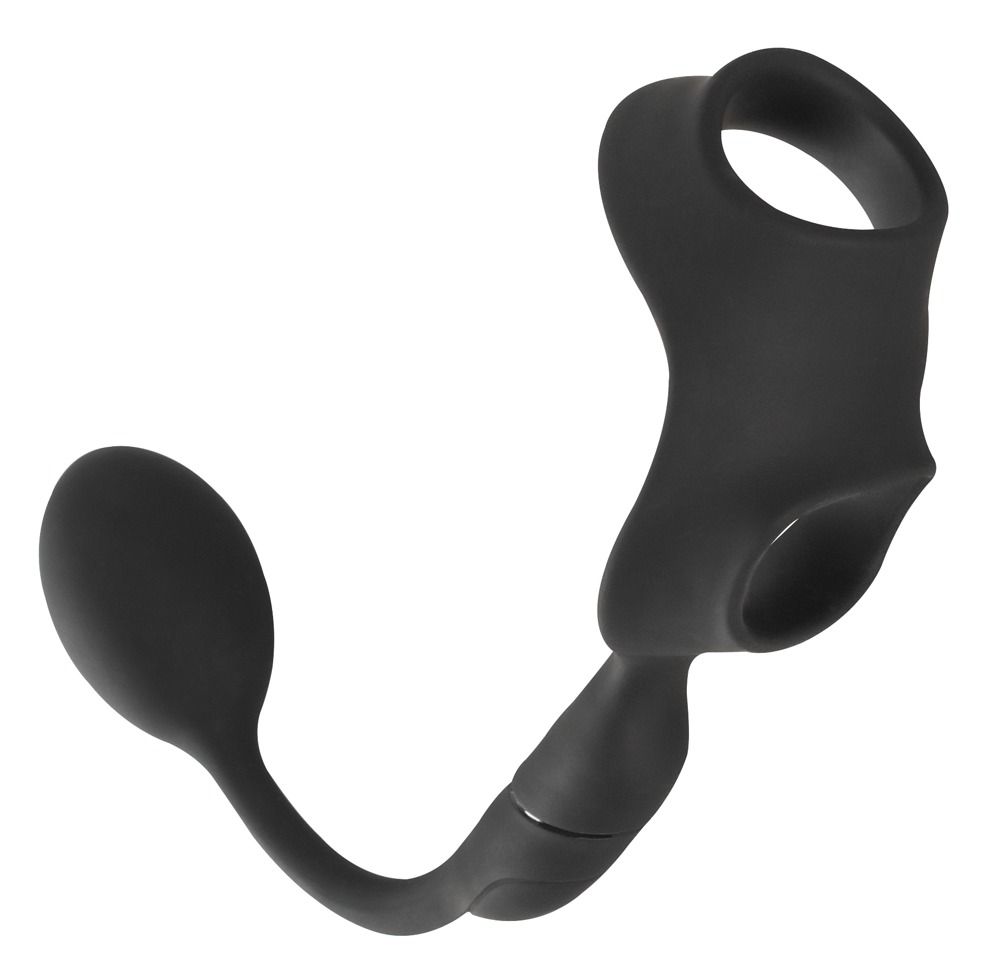 Anello fallico nero con anello scrotale e plug anale. In silicone. Forma curva.