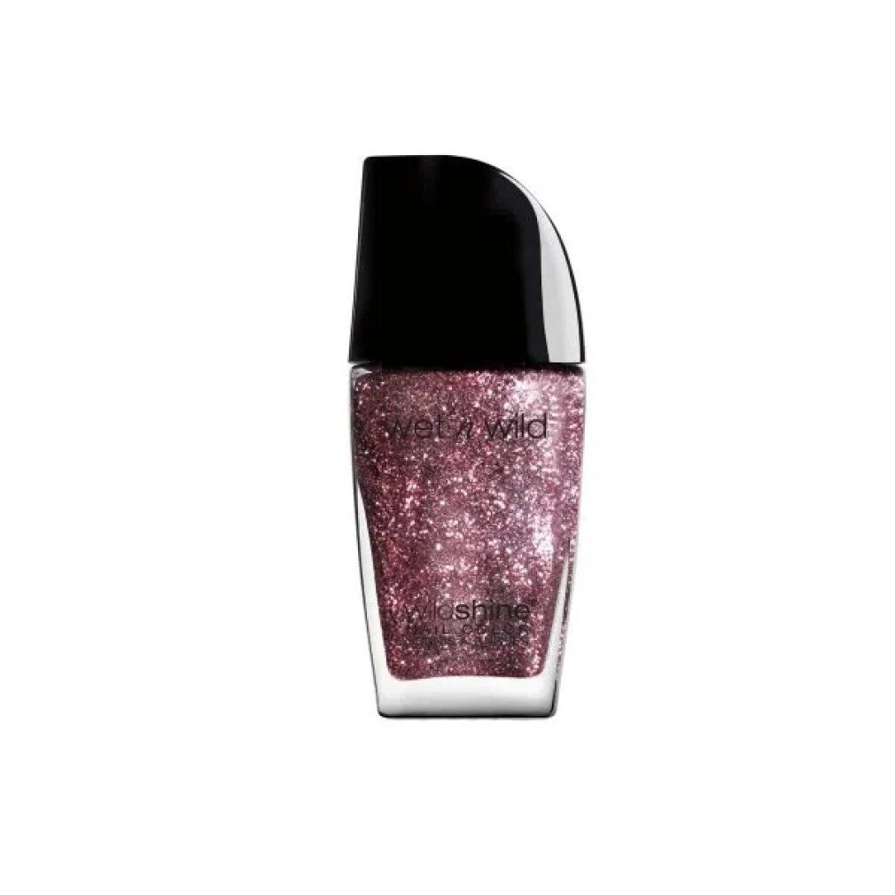 Flacone di smalto glitterato rosa. Tappo nero. Scritta: Wet n Wild Wild Shine.
