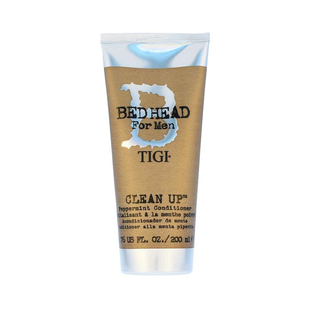 Conditioner Tigi Clean Up Peppermint. Tubo con etichetta marrone. Testo: Bed Head For Men, Clean Up, Peppermint Conditioner. 200 ml.