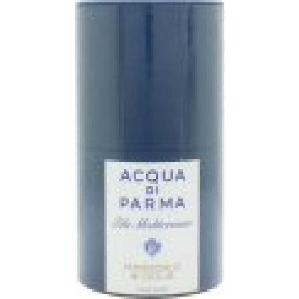 Confezione cilindrica, blu. Etichetta bianca con testo: ACQUA DI PARMA, Blu Mediterraneo, Mandorlo di Sicilia.