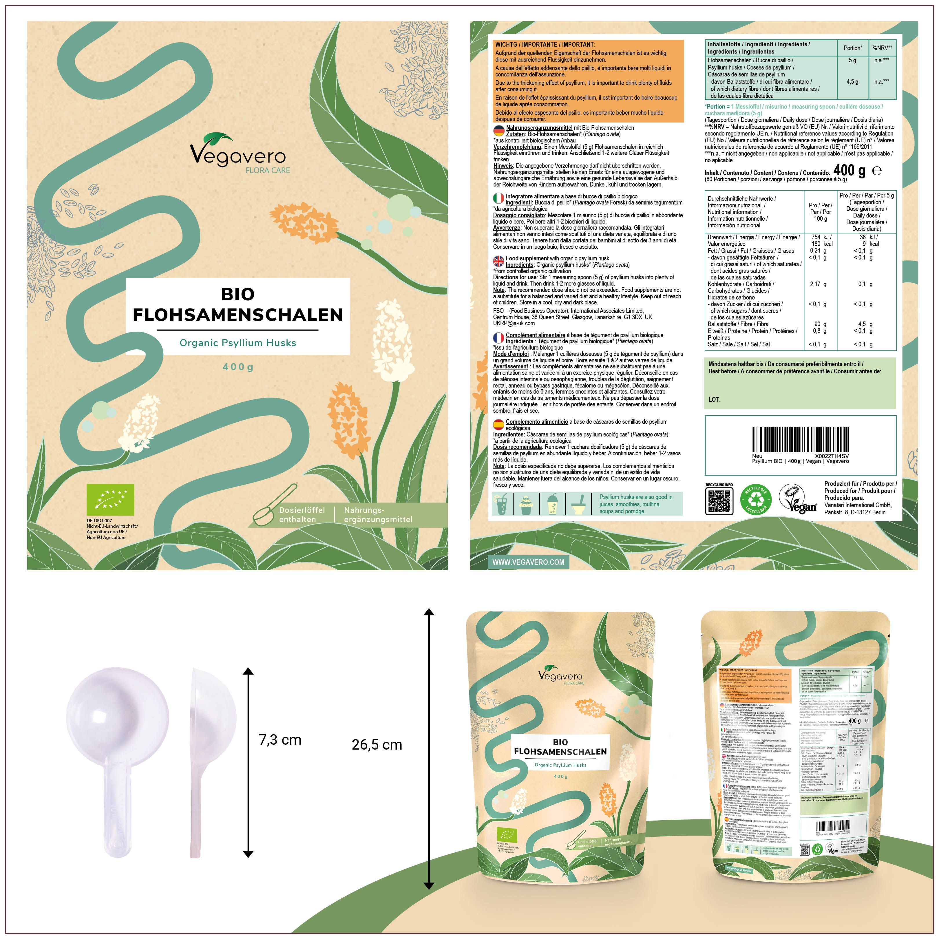 Confezione del prodotto BIO Flohsamenschalen. Marchio Vegavaro. Include un misurino. Dimensioni: 26,5 cm di altezza, 7,3 cm di larghezza.