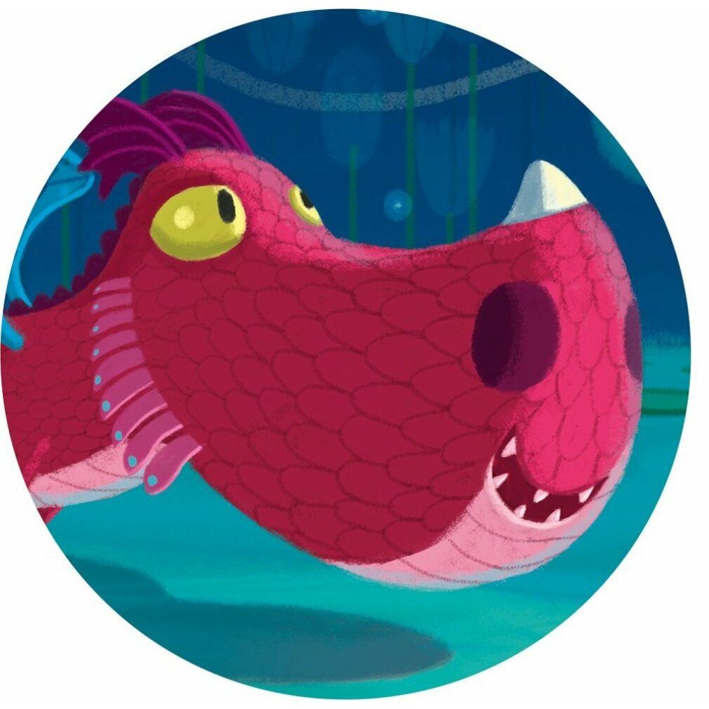 Ritratto circolare di una testa di drago. Drago rosso con occhi gialli, ali viola e denti. Sfondo blu.