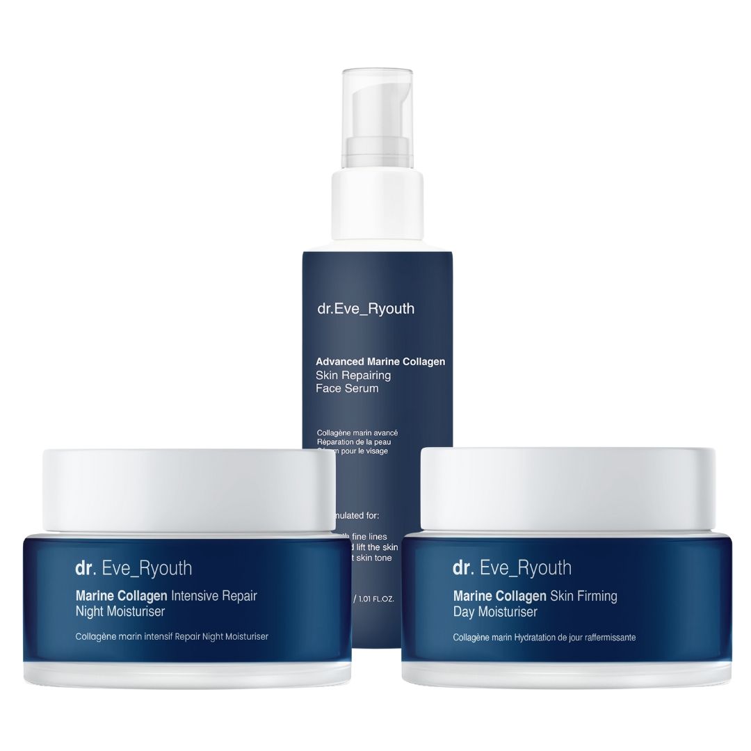 Set con tre prodotti: siero e due creme. Contenitori blu scuro con coperchi bianchi. Scritte: Dr. Eve_Ryouth, Marine Collagen.