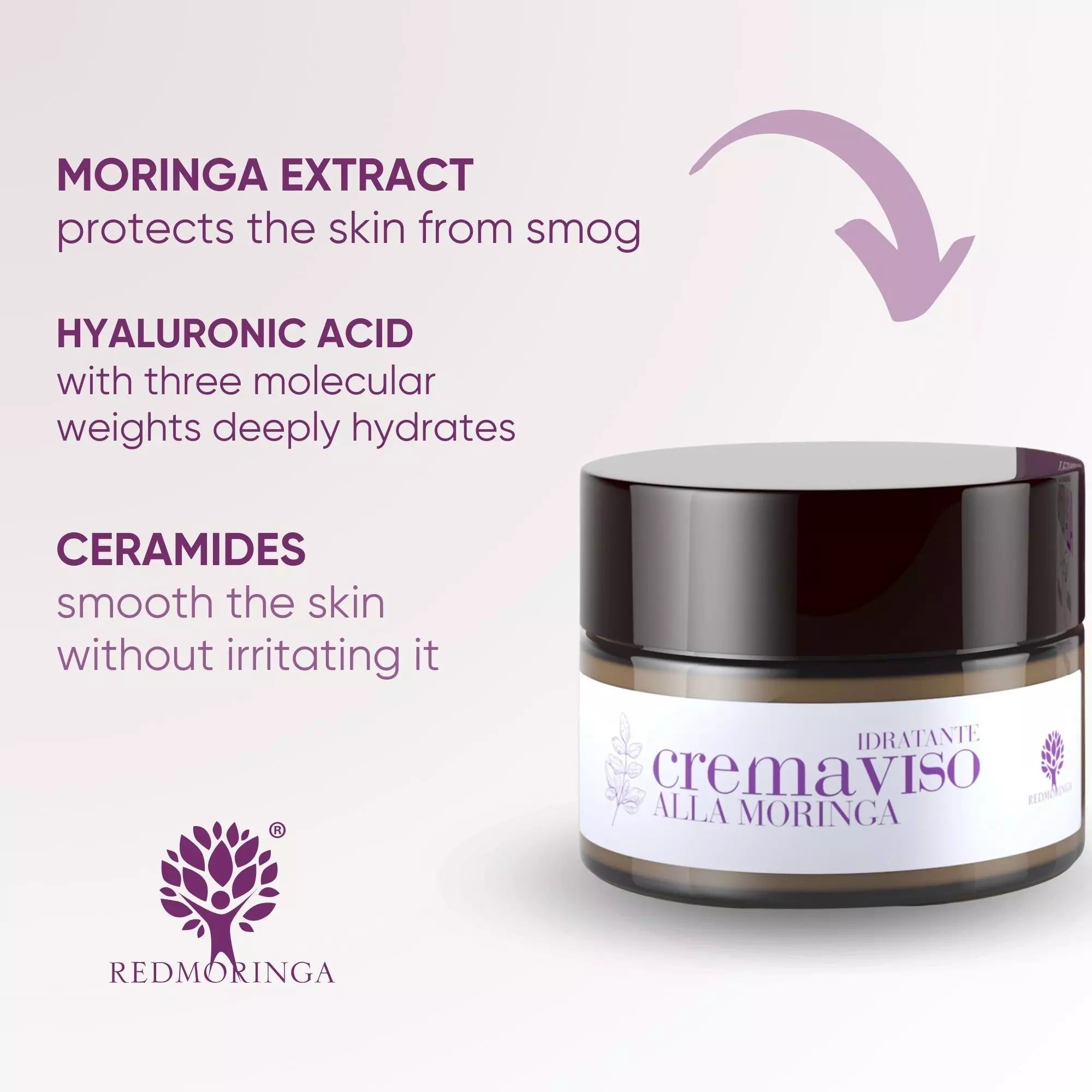 RedMoringa Crema Viso Anti Age Idratante con Acido Ialuronico e Moringa – Anti Inquinamento