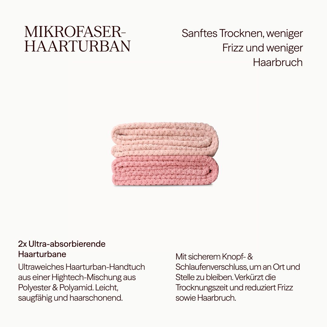 Due turbanti per capelli rosa piegati. Testo: Turbante per capelli in microfibra, asciugatura delicata, meno crespo. 2x turbanti ultra-assorbenti.