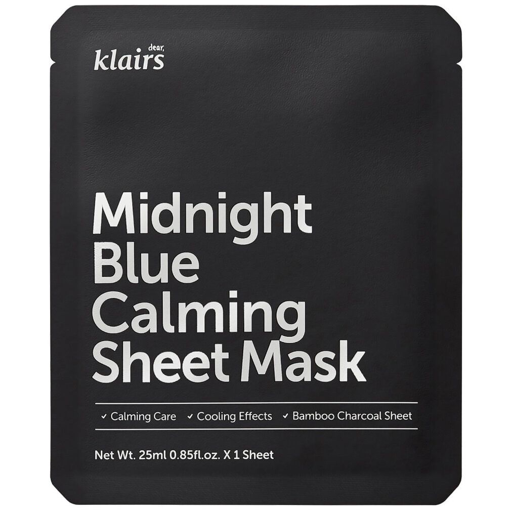Confezione Klairs Midnight Blue Calming Sheet Mask con testo.