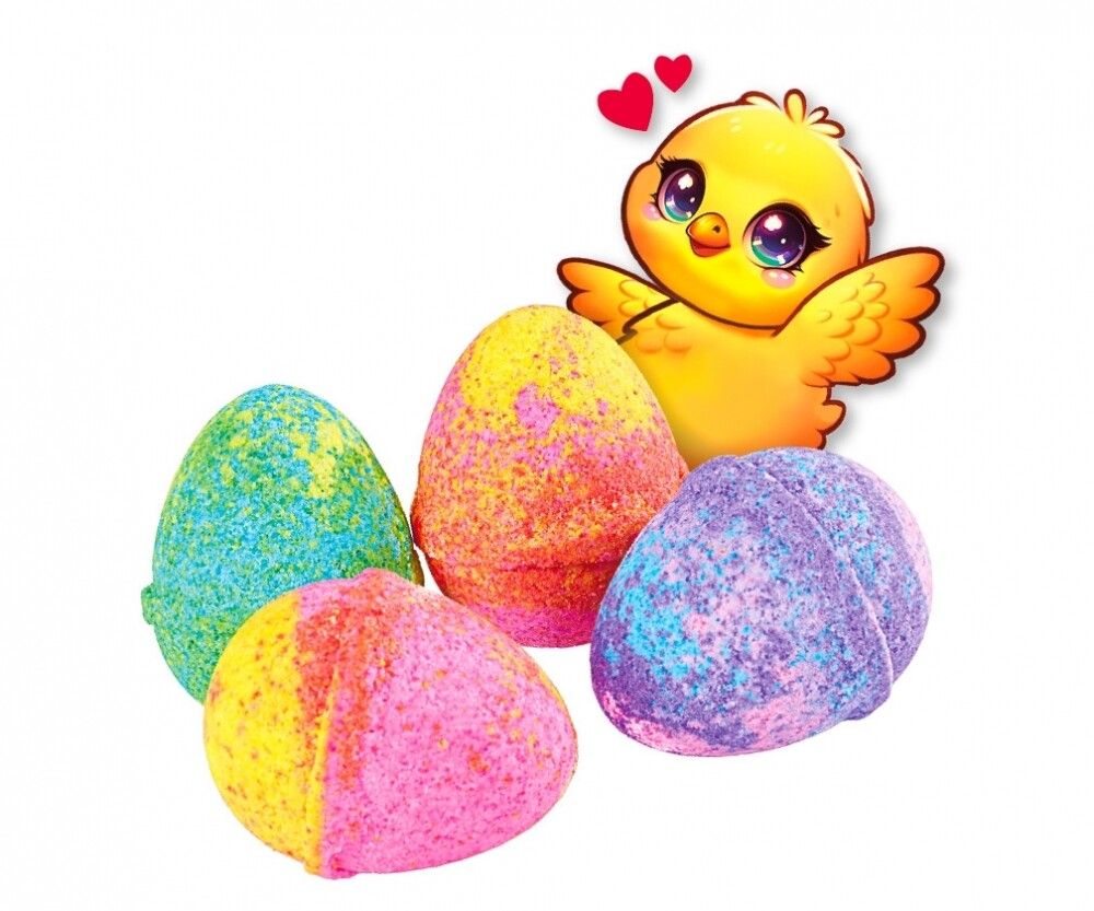 Cinque uova colorate con effetto spruzzo. Immagine di pulcino giallo dei cartoni animati. Nessun imballaggio visibile.