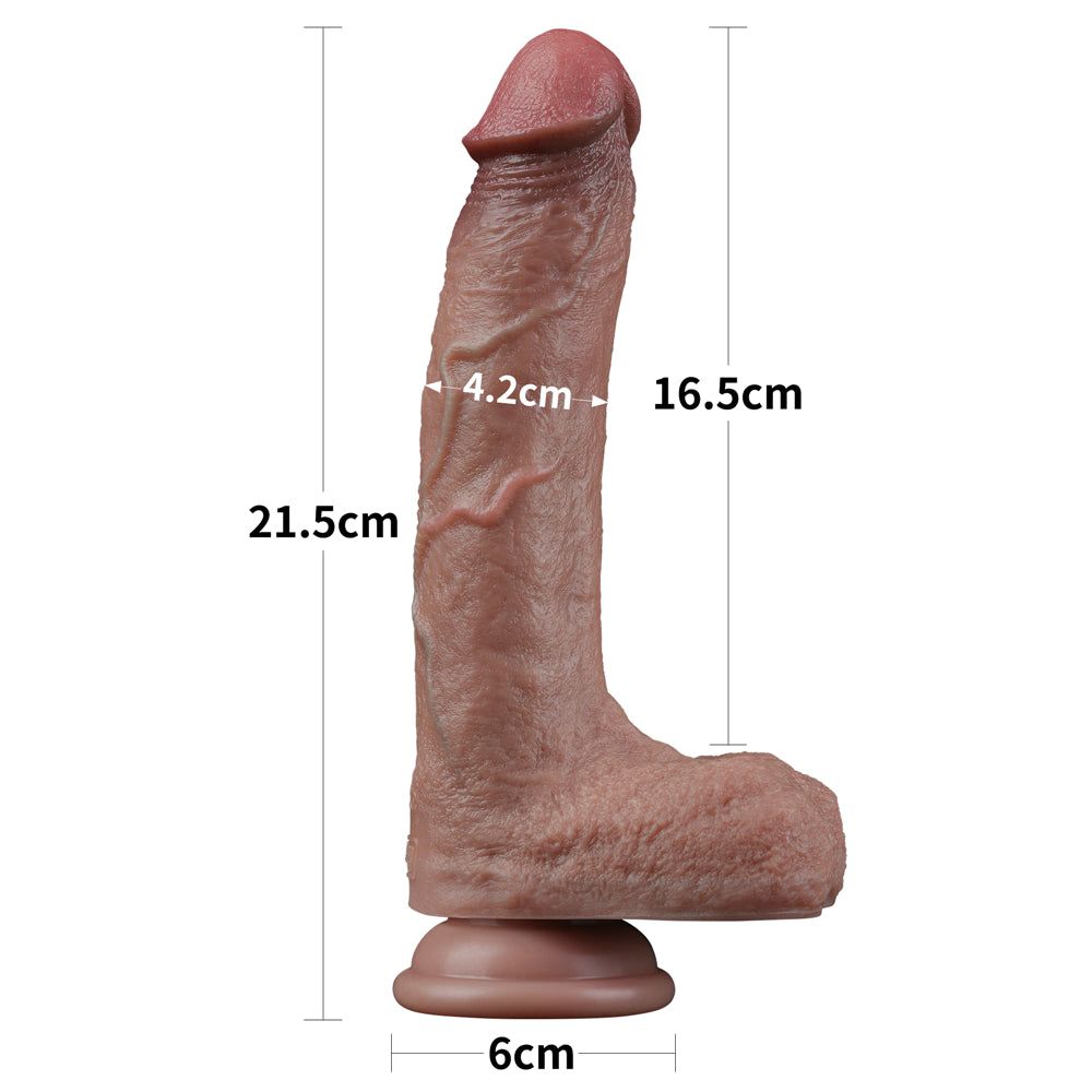 Dildo marrone con base. Dimensioni: 21,5 cm lunghezza, base 6 cm, diametro 4,2 cm, altezza 16,5 cm. Forma realistica.