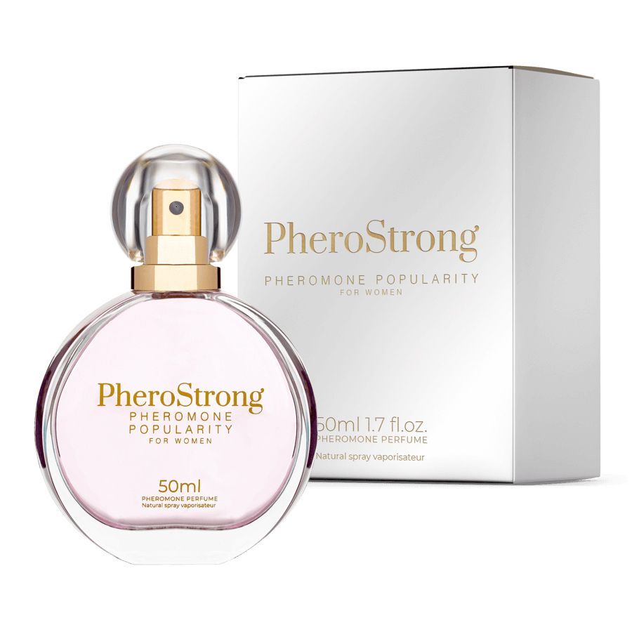 Flacone e confezione profumo PheroStrong. Flacone da 50ml con spruzzatore dorato e tappo rotondo. Scatola bianca con nome del prodotto.