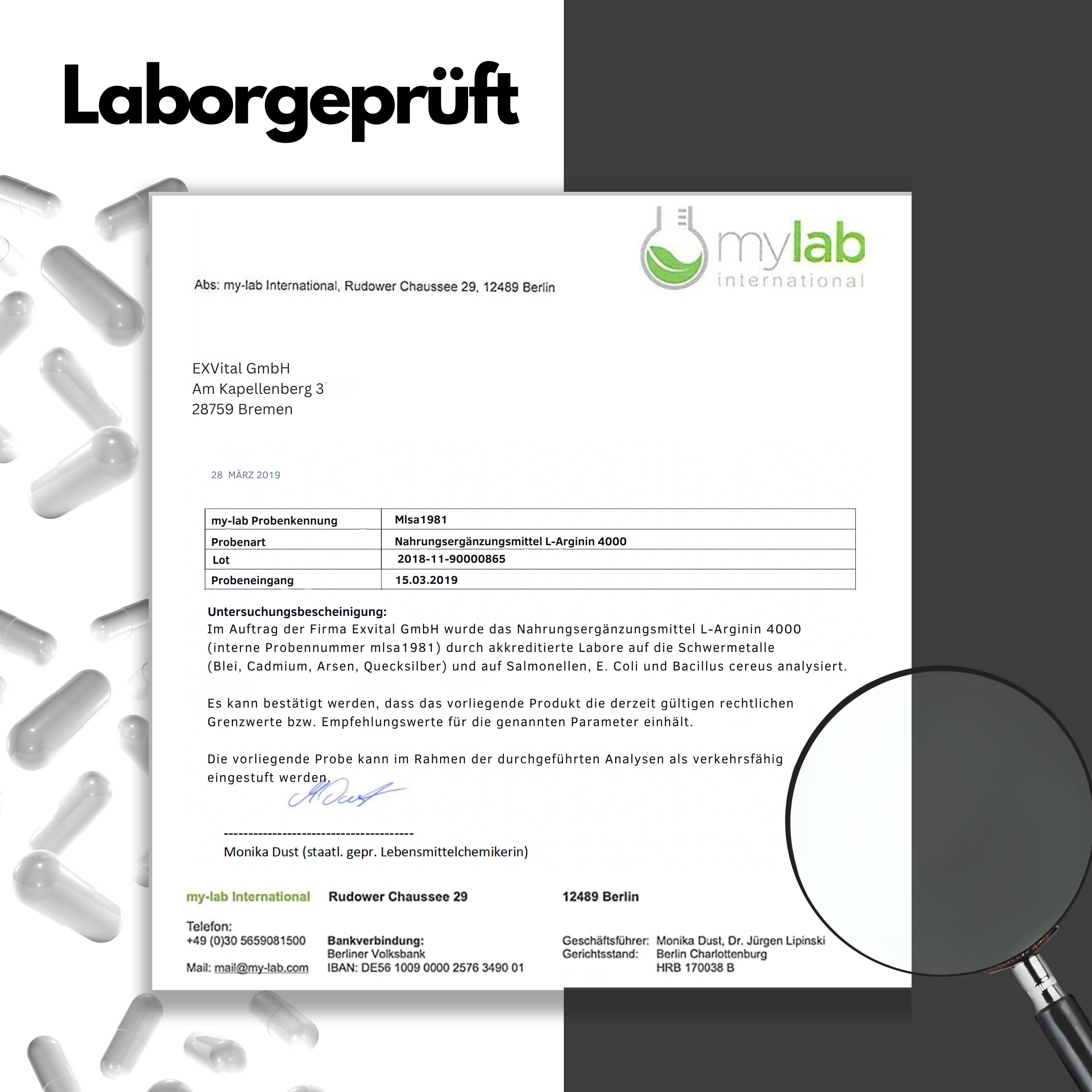 Documento testato in laboratorio con certificato di mylab international. L-Arginina 4000, numero di lotto, risultati dell'analisi.